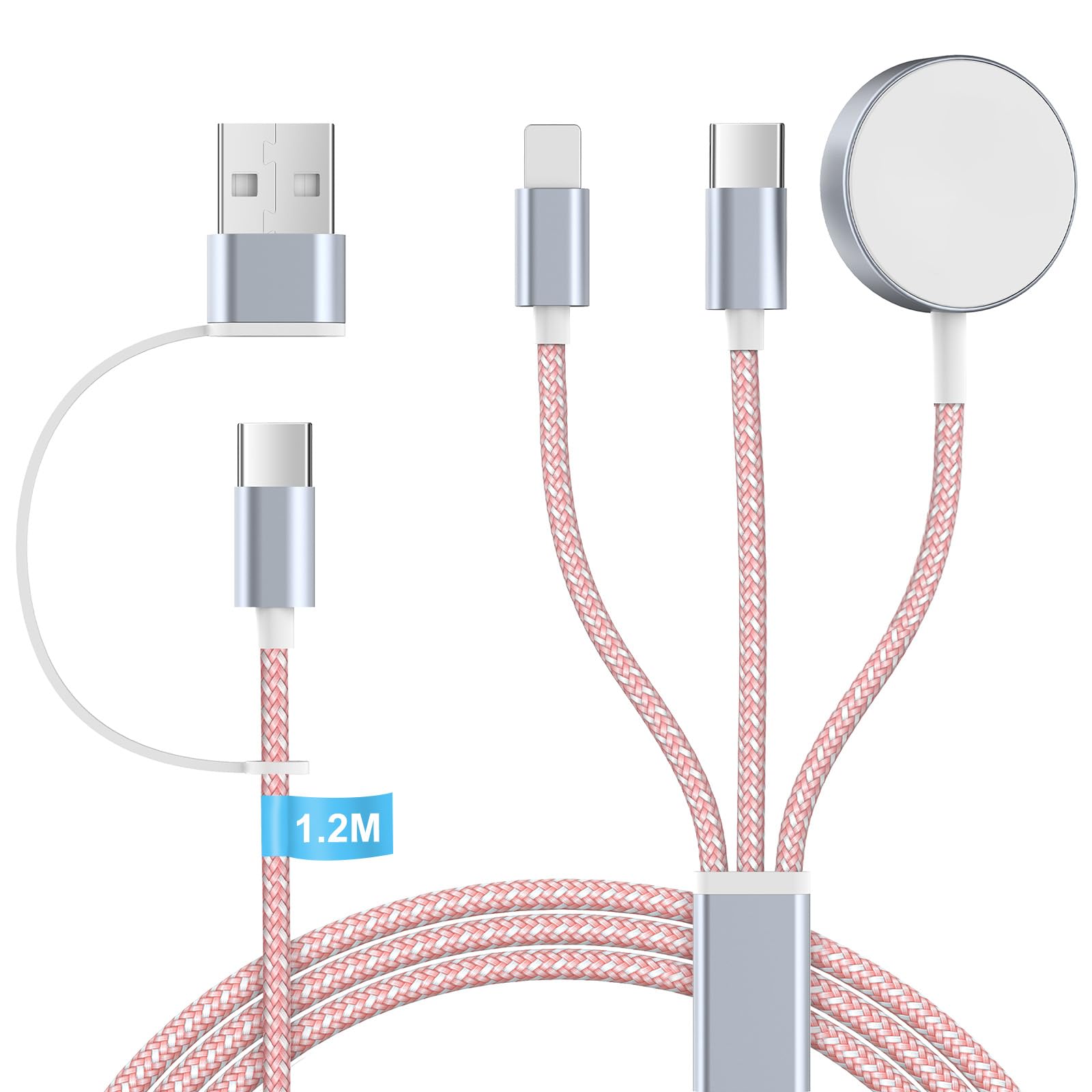 Ladekabel für Apple Watch und iPhone Ladegerät - 3 in 2 Charging Kabel Ladestation für iWatch Serien, 120cm USB C SchnellLadekabel für iPhone 17/16/15/14/13/12/11/iPad/AirPods, (Rosa)