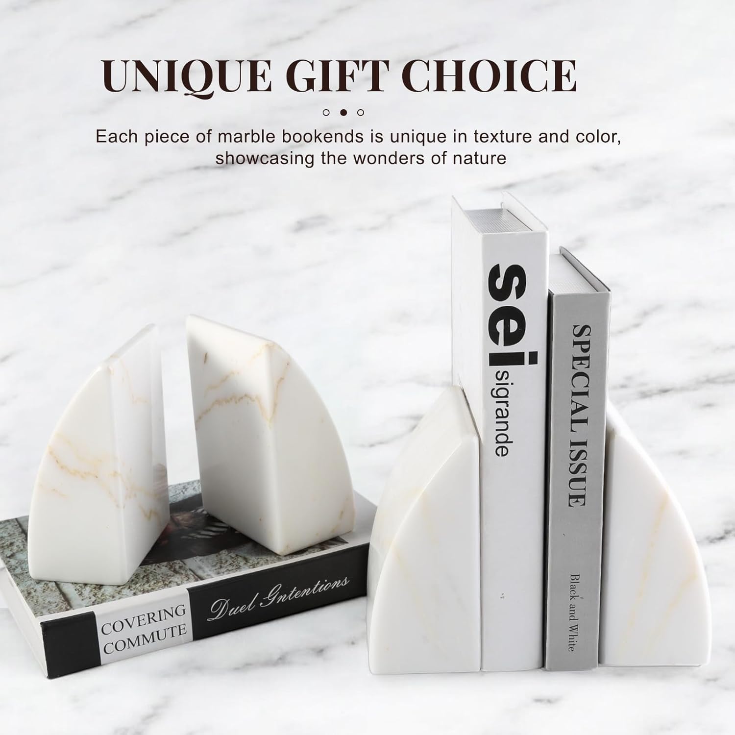 Koville Marble Bookends for Shelves, Large Bookends for Heavy Books, Natural Stone Book Stopper for Books CD Movies, Aesthetic Decorative Book Ends (Golden Calacatta)