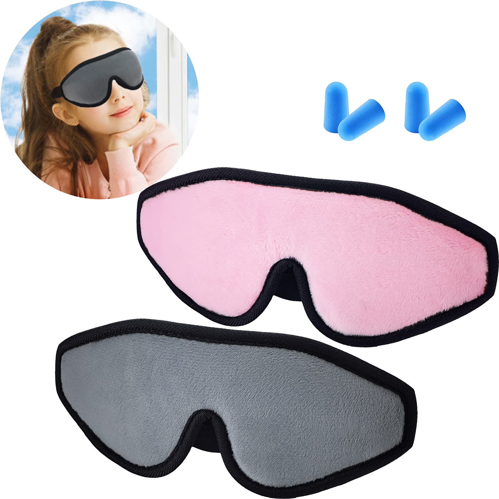 Photo 1 of 2 Pieces 3D Sleep Mask for Kids Memory Foam Contoured Eye Mask, Travel Sleep Eye Cover with Adjustable Strap, 3D Blindfolds(Pink and Grey)