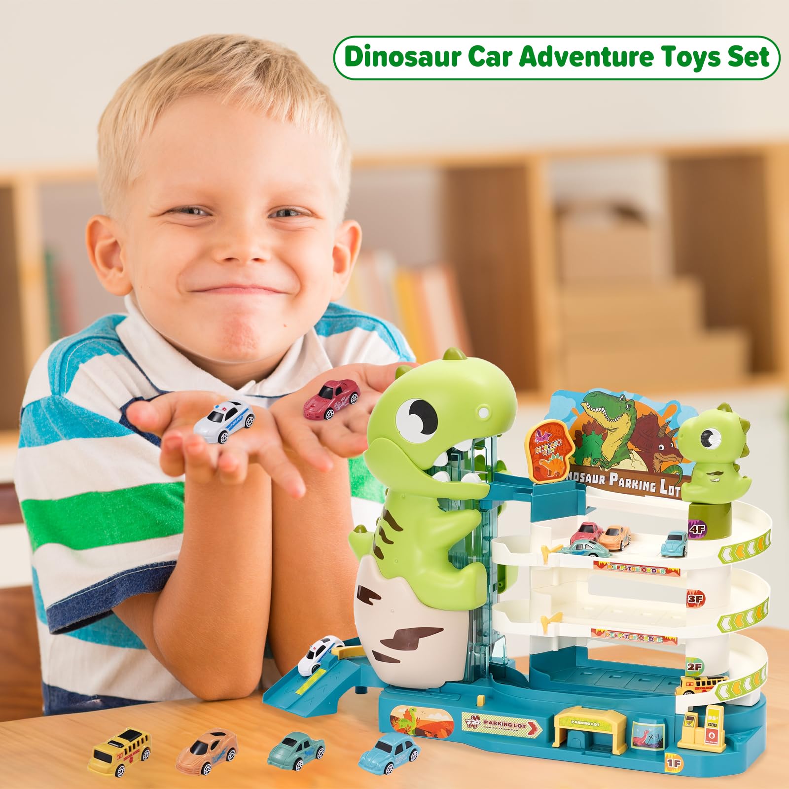 Dinosaurier Auto Garagen Spielset für Kinder 2 IN 1 Rennbahn Spielzeug und Auto Parkhaus für Kinder mit Licht und 6 Autos Geschenke Spielzeug für 2 3 4 5 Jahre