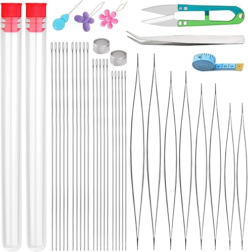 UOOU 39 agujas de cuentas, agujas largas y rectas, agujas de cuentas de ojo grande para hacer joyas y cuentas de semillas