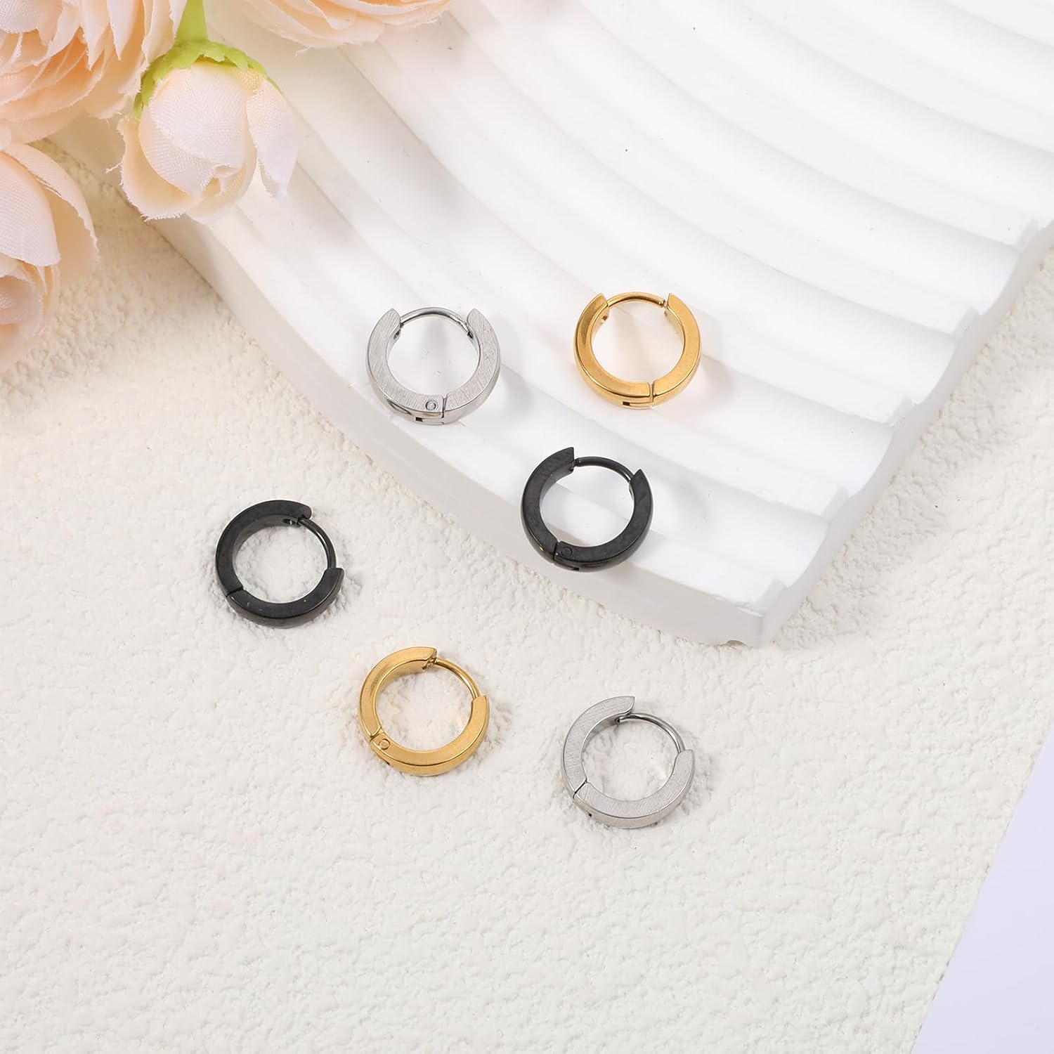 Small Hoop Earrings for Men Women, 3 Pcs 13mm Mens Earrings Stainless Steel Black/Gold/Silver Hoop Huggie Earring Mens Jewelry Ear Piercing Jewelry Set for Sensitive Ears - Image 6