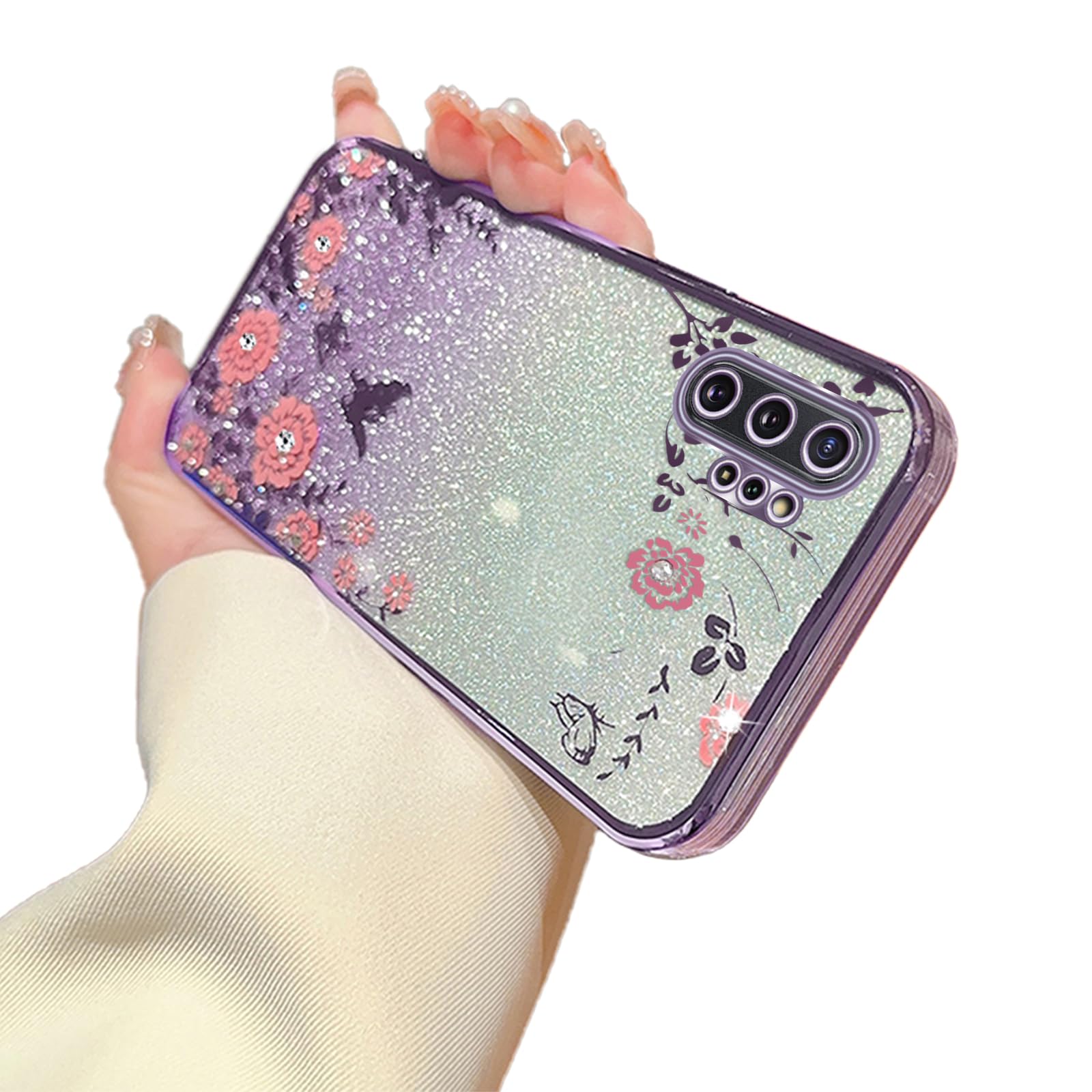 for Note 10 Plus Case,Galaxy Note 10 Plus case for Women Gradual Change Glitter Crystal Soft TPU Butterfly Floral Heart Clear Protective Cover with Strap for Galaxy Note 10 Plus (Purple)
