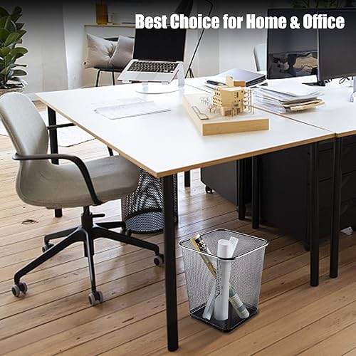 Miniatura 6 de Paquete de 10 cubos de basura de metal cuadrados negros de 6 galones, cubos de basura de malla para oficina, papeleras de alambre de metal, canasta