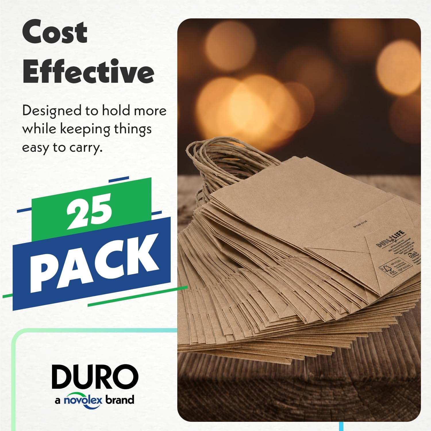 DURO 87097 60# Brown Retail Bags with Handles, 8 x 4.5 x 10.25 In, 25 Ct image 2