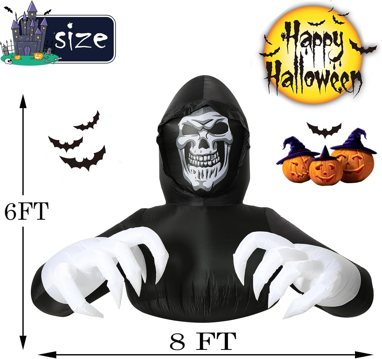 8FT Width Inflatables Grim Reaper Outdoor Halloween Decoration Blow Up for Yard Decorations, Garden, Lawn Black