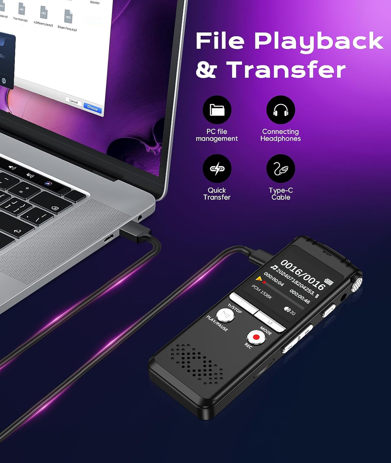ZIPCIDE Digital Voice Recorder connected to a laptop for file transfer