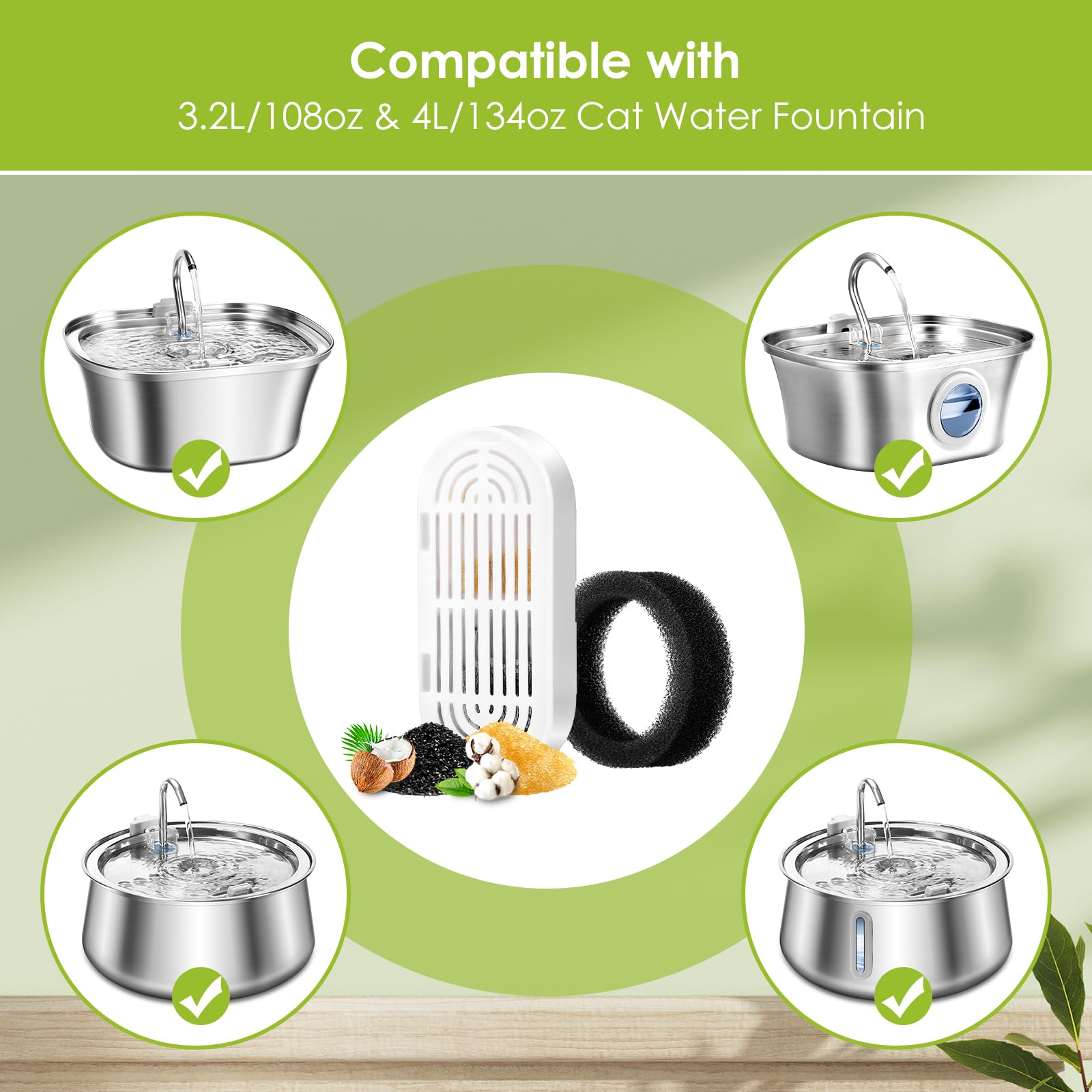 Cat Water Fountain Filters, 9 Pack Replacement Filters & Replacement Pre-Filter Sponges for Stainless Steel Pet Fountain with Water Level Window, Fountain Carbon Filters for Dog Water Dispenser Bowl - image 6