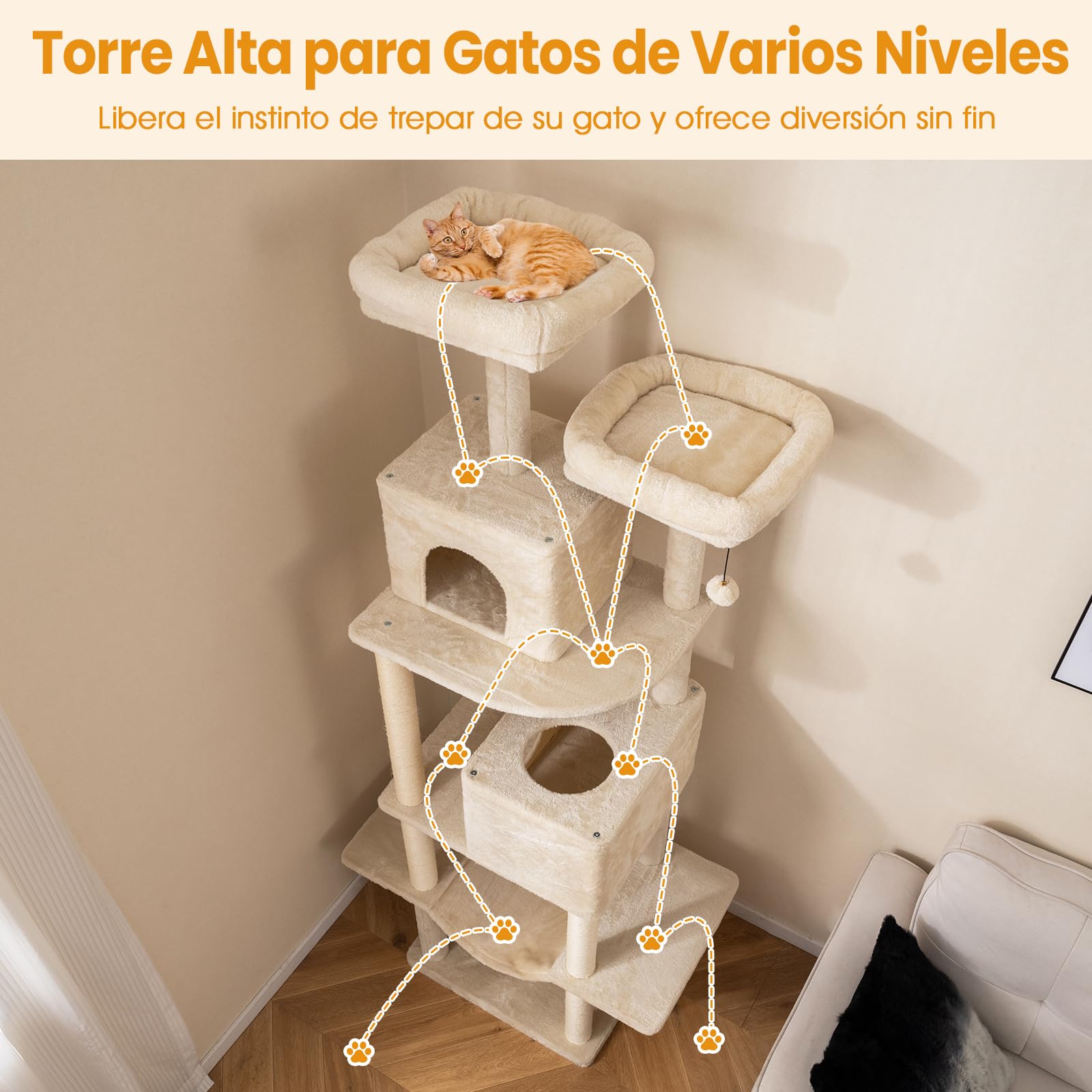 COSTWAY Árbol Rascador para Gatos de Varios Niveles, Torre de Escalada para Gatitos con 2 Condos, 2 Perchas de Terciopelo, Postes de Sisal y Cuerda, Juguetes Colgantes, Plataformas Múltiples,Beige