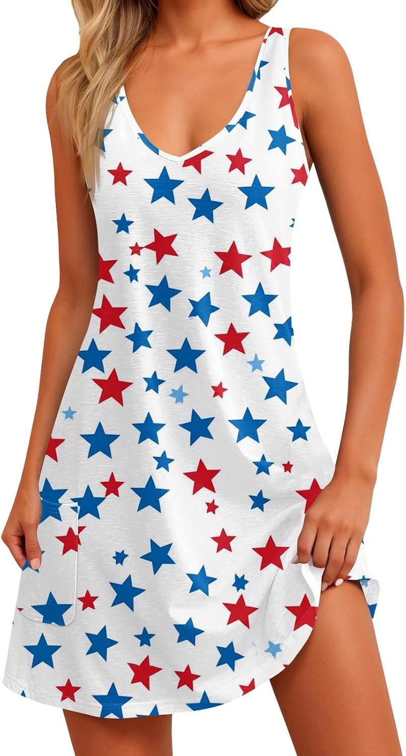 Women’s Casual Dresses Summer 4Th of July V Neck Sleeveless Patriotic Dresses Stars Printed Tank Dress, S-2XL