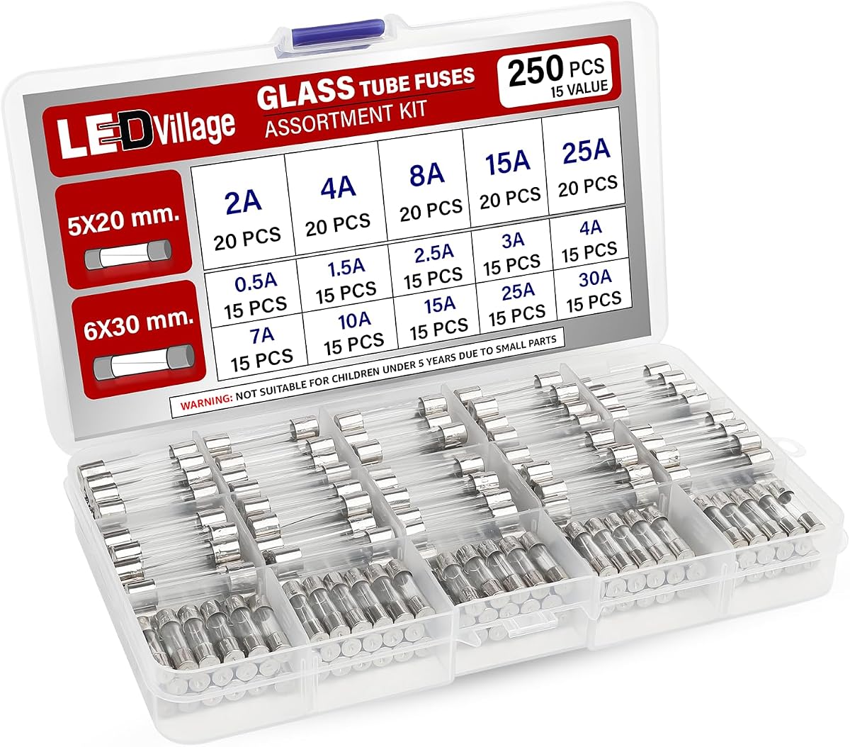 250 Pcs Ledvillage Glass Tube Fuse Assorted Kit – 5x20mm & 6x30mm Fast-Blow Fuses (2A–30A) Ideal for Electronics, Appliances, Automotive, and DIY Repairs