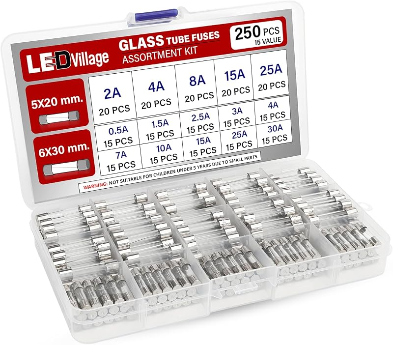 250 Pcs Ledvillage Glass Tube Fuse Assorted Kit – 5x20mm & 6x30mm Fast-Blow Fuses (2A–30A) Ideal for Electronics, Appliances, Automotive, and DIY Repairs