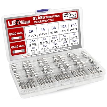 250 Pcs Ledvillage Glass Tube Fuse Assorted Kit 5x20mm & 6x30mm Fast-Blow Fuses 2A30A Ideal for Electronics, Appliances, Automotive, and DIY Repairs