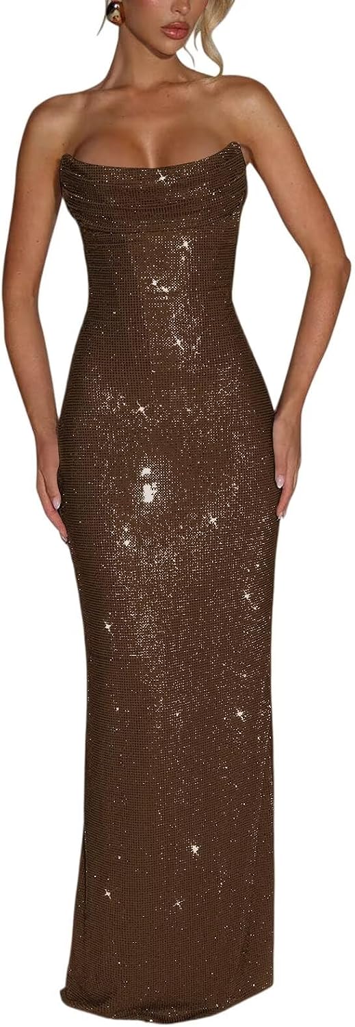 Sequin Prom Dress Strapless Mermaid Evening Dresses for Women Sparkly Tube Top Floor Length Ball Gown