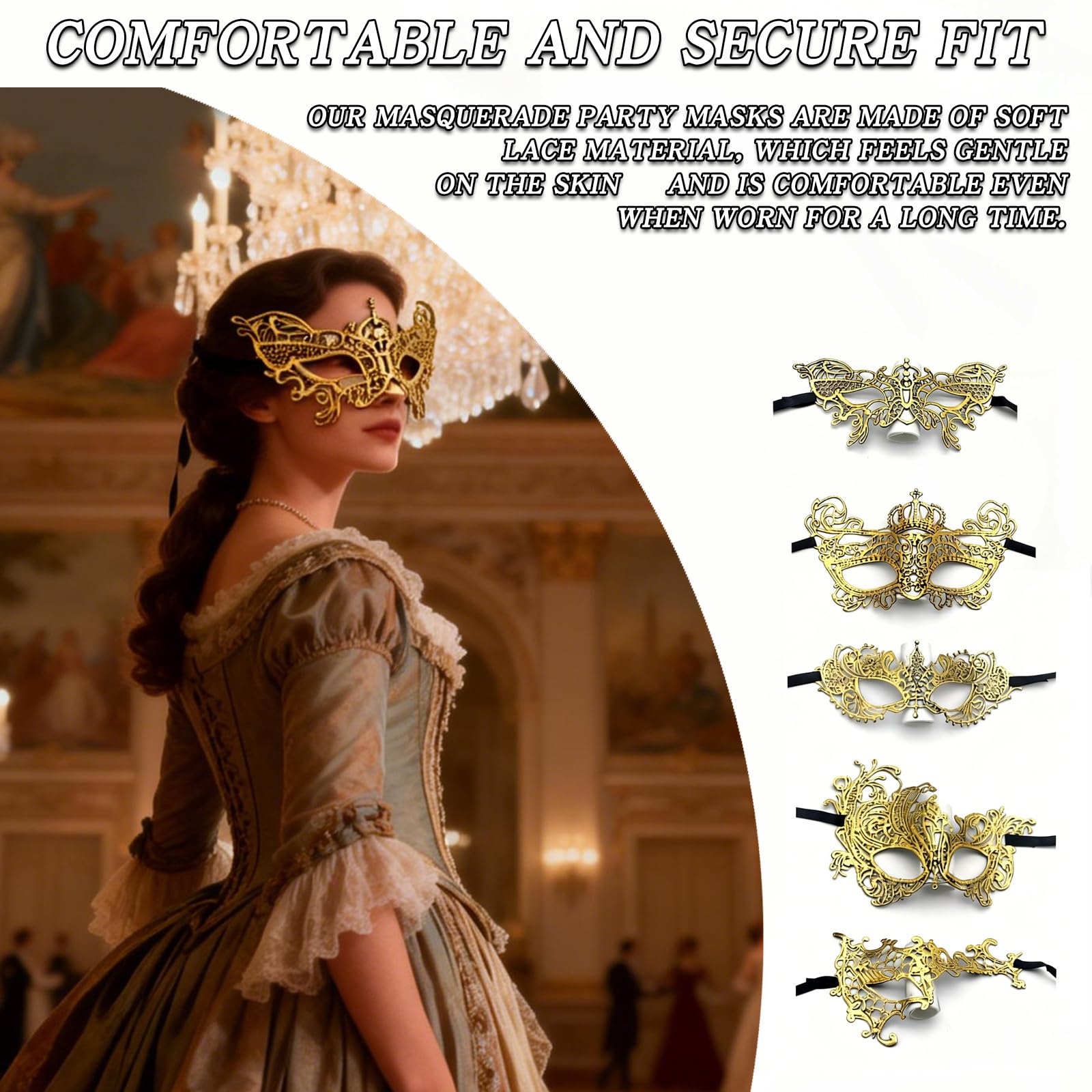 PMELCXD Masquerade Mask for Women Set of 5, Elegant Lace Designs with Butterfly, Crown, Phoenix, Single-Eye & Pointed Styles - Image 3