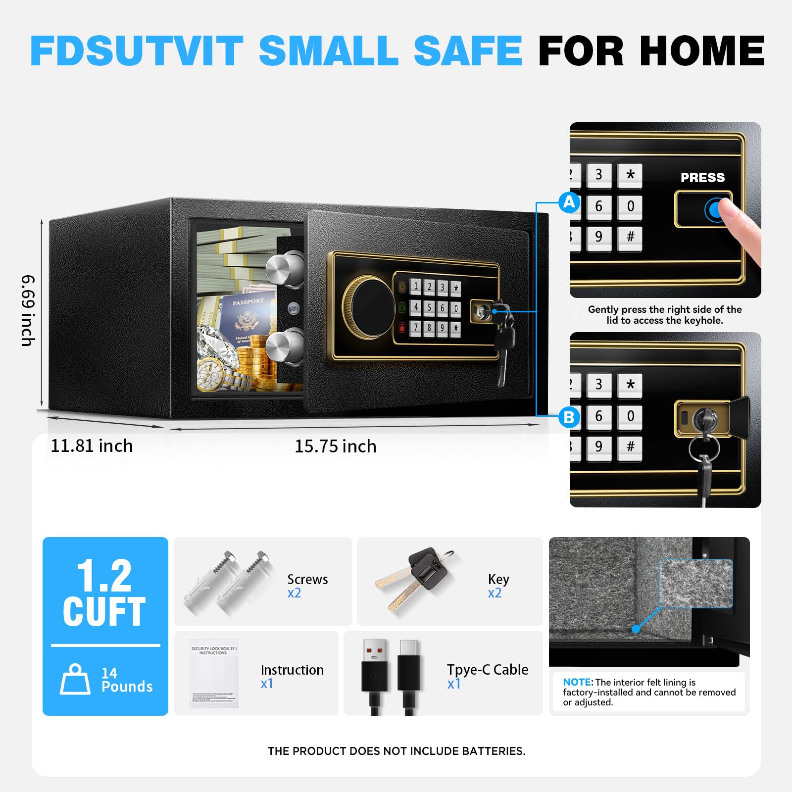 Scatola di sicurezza ignifuga da 1,2 Cu Ft per la casa - Cassetta di sicurezza in acciaio per ufficio e sicurezza domestica, tastiera elettronica digitale, sistema di allarme, modalità