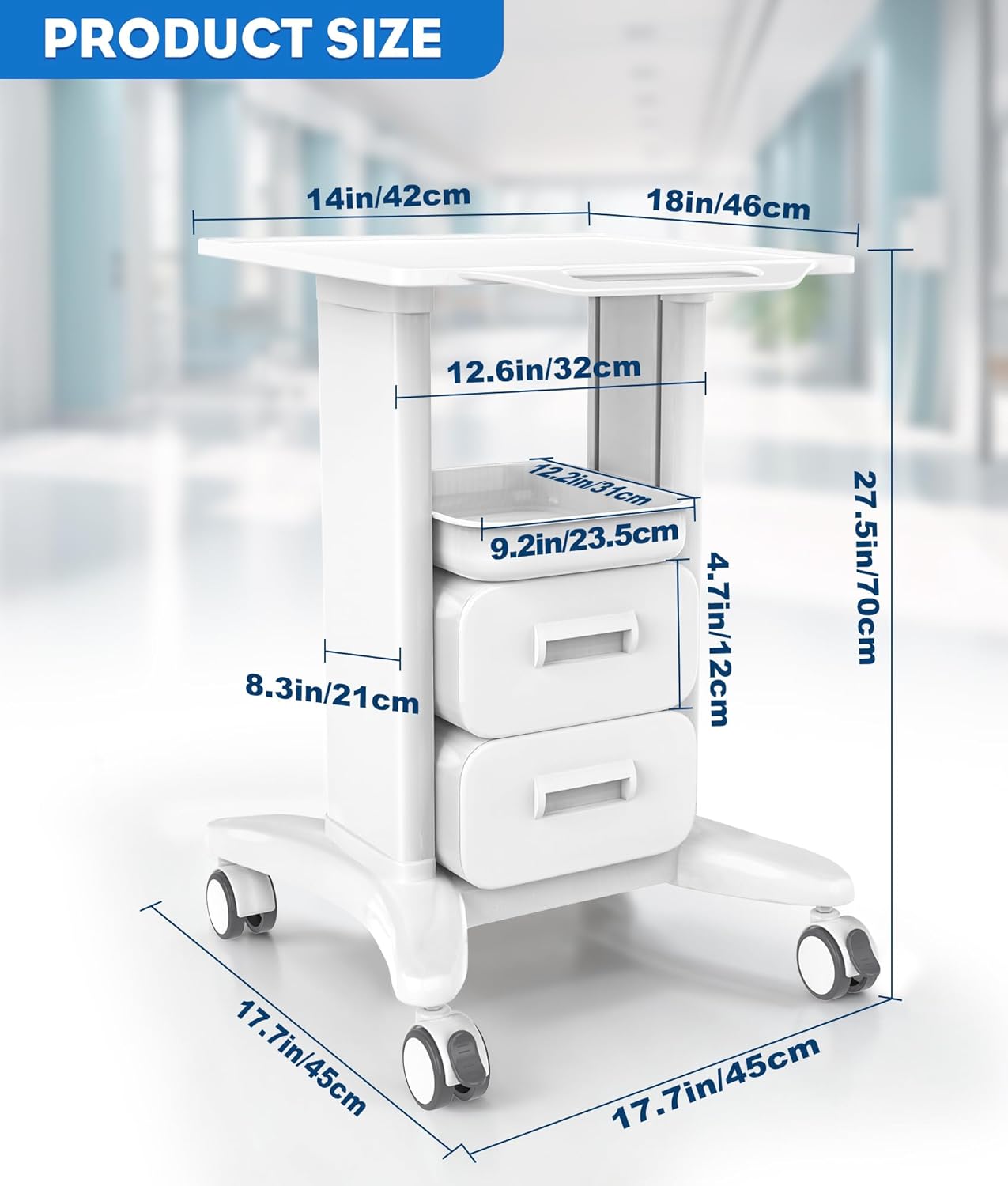 Medication Cart, Medical Rolling Storage Crash Cart with Wheels & Drawers, Ultrasound Nursing Emergency Cart with IV Pole,Casters, Holder, Trash Bin for Clinic, Hospital (18*18*28IN, White/2 Drawer)