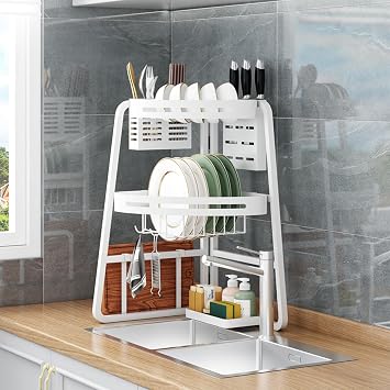 2 Tier Stainless Steel Dish Drying Rack - Large Kitchen Counter Dish Rack with Corner Sink Design - Rustproof Dish Drainer with Drainboard, Utensil Holder, and Cup Rack,