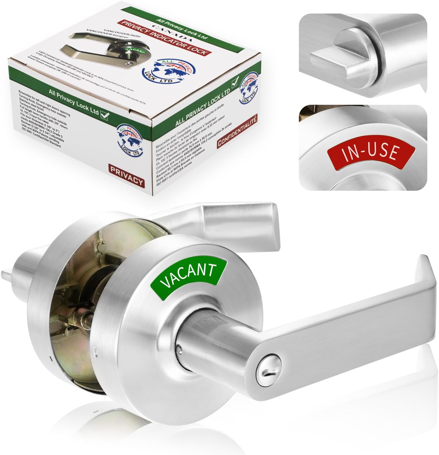 MUTEX Large Grade 2 Commercial Privacy Indicator Lock - Drop-in Replacement, Heavy Duty Door Levers for Restroom and Bathroom, Keyless Lock, Fits Standard Door Sizes, ANSI Grade 2 - Silver