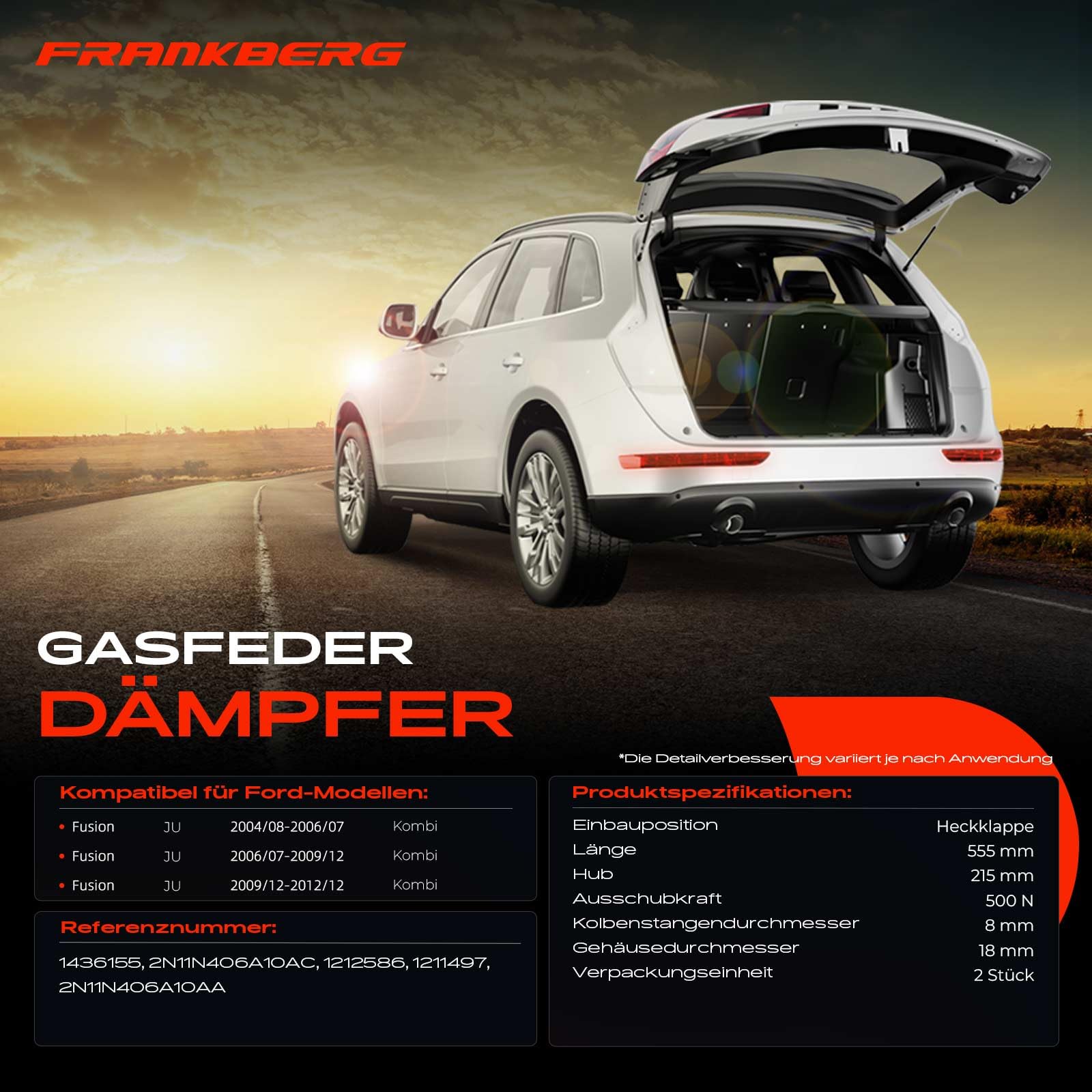Frankberg 2x Gasfeder Dämpfer Heckklappe Links Rechts, Kompatibel mit Fusion JU Alle Motoren Kombi 2002-2012, 2N11N406A10AC, 500N Ausschubkraft