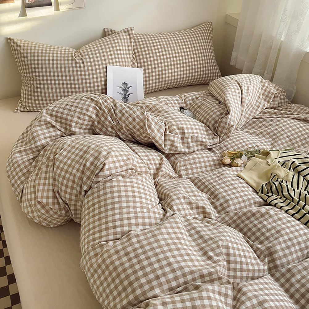 Covebett Brown Gingham Duvet Cover Double Brown White Gingham Plaid Checkered Grid Bedding Set Check Modern Washed Microfiber Comforter Cover 200x200 cm with Zipper Closure and 2 Pillowcases 50x75 cm โ image 1