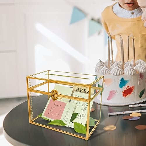 Miniatura 6 de Tarjetero de cristal dorado  Caja de sobres de boda con forma rectangular con ranura y pie, perfecto para recepción y centro de mesa de fiesta