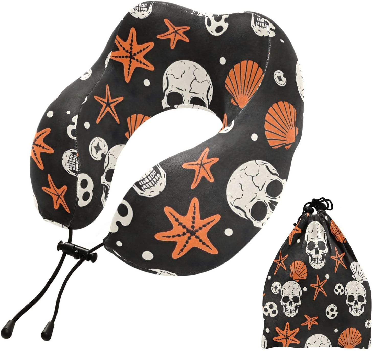 Travel Pillow for Neck Head, Skulls Starfishes Shells Memory Foam Padding Sleeping Airplane Trains Cars Camping Office
