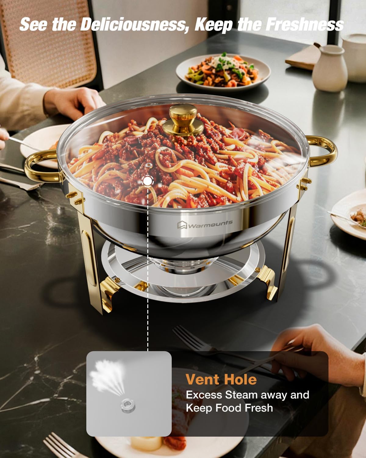 WARMOUNTS Gold Chafing Dishes for Buffet with Glass Lid (5QT, 4Pack), Round Chafers and Buffet Warmers Set with Mirror-Polished Stainless Steel, Rolled Rim, Stackable, Lid Holder for Parties, Weddings