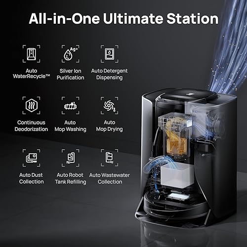 Miniatura 8 de 3i S10 Ultra Robot Aspirador y trapeador con sistema WaterRecycl, succión de 18000 Pa, fregona de rodillo extensible autolimpiante, lavado y secado