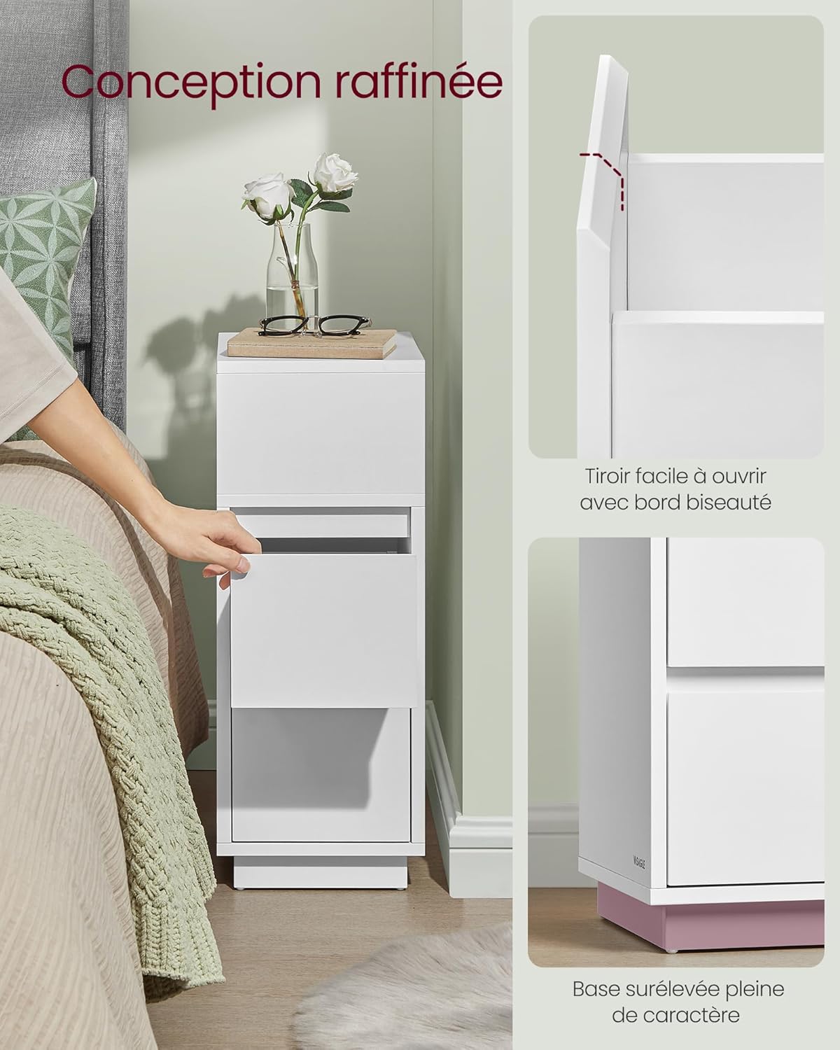 A person reaching for an item in the open compartment of the VASAGLE nightstand, highlighting the beveled drawer edge and the raised base design.