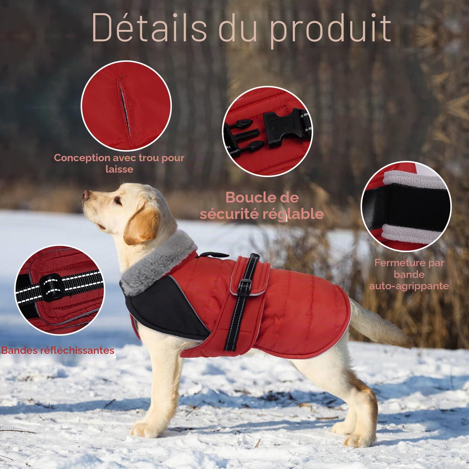 Lelepet Manteau d'hiver imperméable et chaud avec bandes réfléchissantes, doublure en polaire, ajustement réglable pour chiens de très grande taille, gilet coupe-vent pour temps froid, rouge, taille