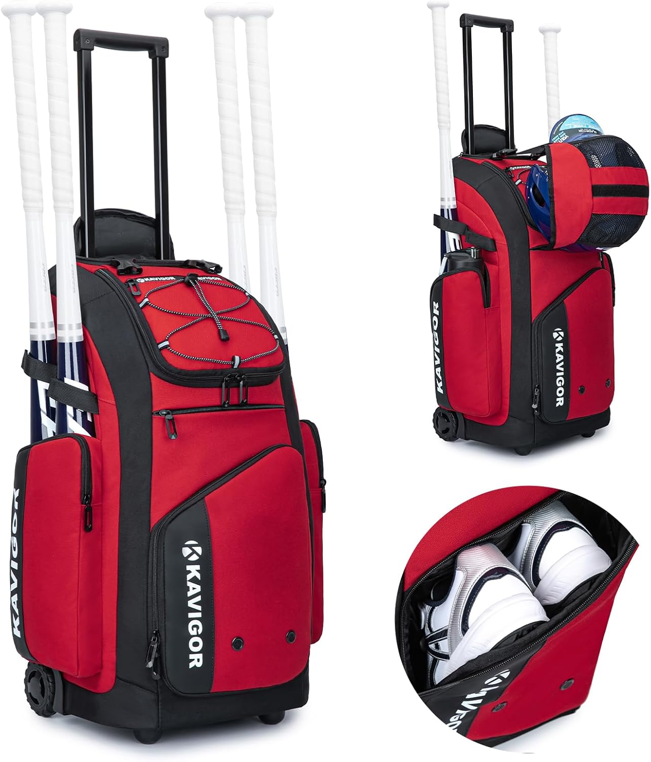 rolling baseball bag with wheels, 60l capacity softball bag holds 4 bats for boys and girls, youth equipment bag with shoe compartment red