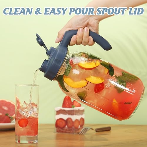 Miniatura 2 de Soligt Glass Mason Jar Pitcher with Lid, Wide Mouth Flip Cap Pour Spout Leak-proof Lid with Handle, 64 oz (2 Quart / 1.9 Liter Amarillo vívido+azul