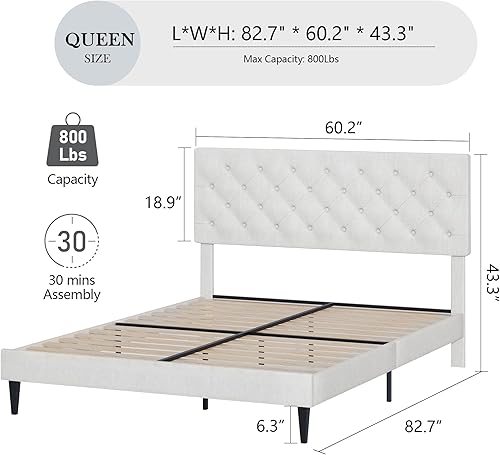 Miniatura 96 de BarnFurin Base de cama de tamaño matrimonial con cabecero, cama de plataforma tapizada con cabecera capitonada con botones ajustables, marco de cama