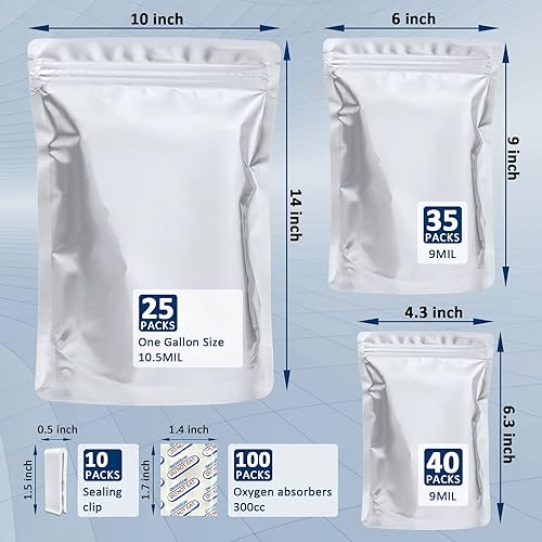 Miniatura 2 de Paquete de 100 bolsas Mylar para almacenamiento de alimentos con 100 absorbentes de oxígeno de 300cc - 9 mil 10"x14", 9 mil 6"x9", 9 mil 4.3"x6.3