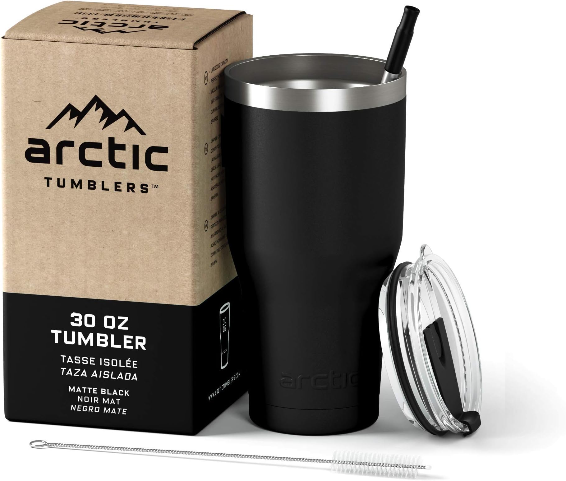 30 oz Matte Black Insulated Tumbler with Straw & Cleaner - Retains Temperature up to 24hrs - Non-Spill Splash Proof Lid, Double Wall Vacuum Technology, BPA Free & Built to Last
