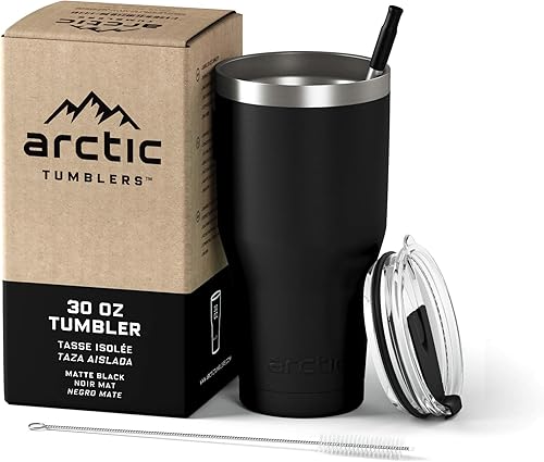 Arctic Tumblers - Vaso de acero inoxidable para camping y viajes, con tapa a prueba de salpicaduras y popote, doble pared aislada al vacío, termo