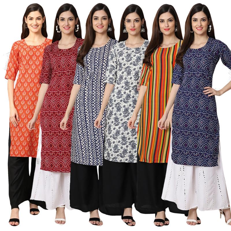 Pinkmint Straight Vibrant Colour Crepe Kurti's For Women's Ll Fashion Fusion Kurti Ll Summer Kurti (Pack Of 6)