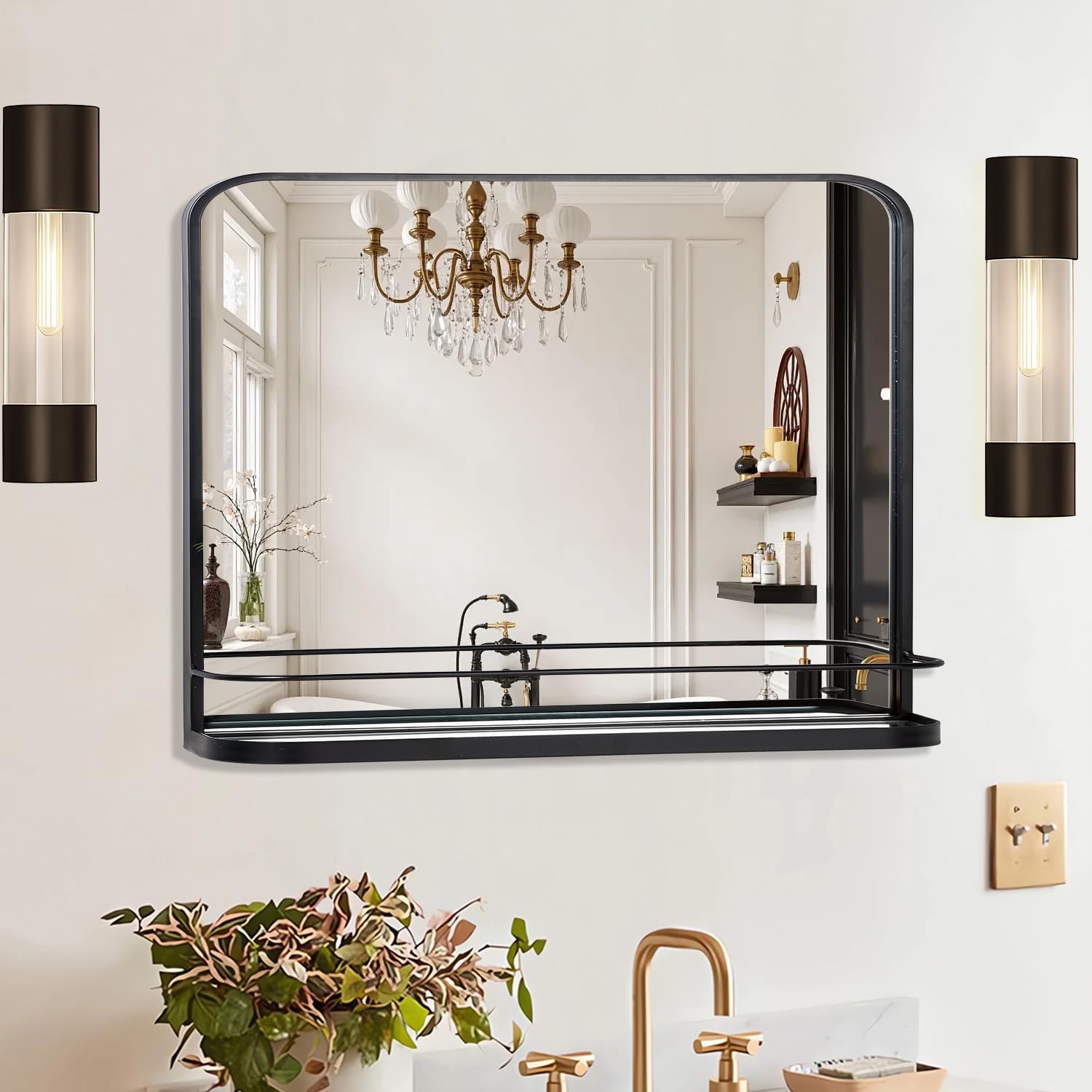 VASUHOME Black Bathroom Mirror with Shelf, 32"x22" Wall Mounted Vanity Mirror with Metal Frame & Rounded Corners, Storage Shelf for Bathroom, Bedroom, Living Room, Entryway