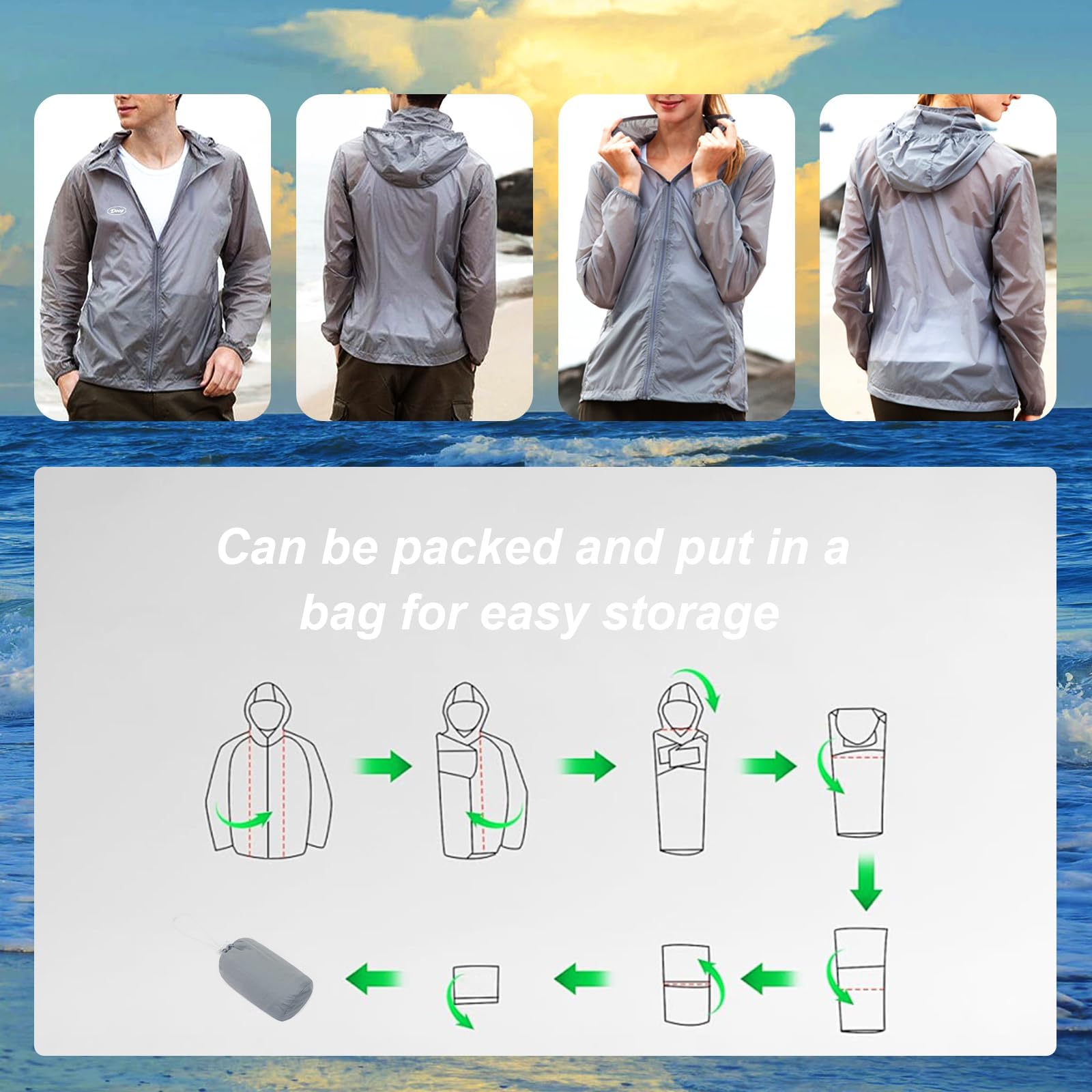 Herren-Fahrrad-Laufjacke, dünn, leicht, verstaubar, mit Aufbewahrungstasche, Windbreaker mit UPF 50+ Sonnenschutz, Outdoor-Mantel zum Wandern, Radfahren, Reisen, 80 g