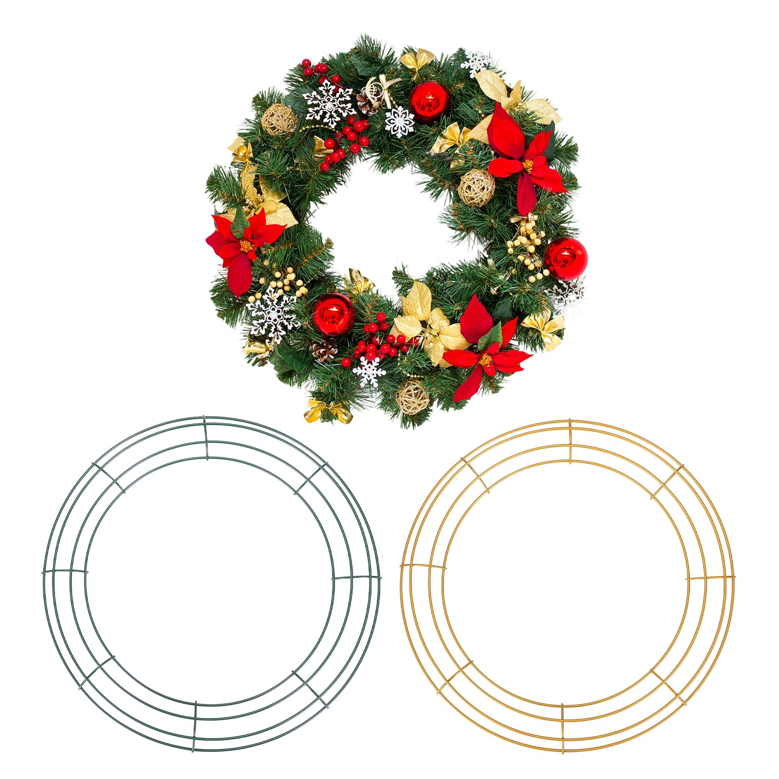 sourcing map 2 Pcs 14 Inch Wire Wreath Frames Metal Round Wire Frame for Floral Arrangements, Craft DIY Autumn Christmas Thanksgiving Wreath Supplies, Green/Golden