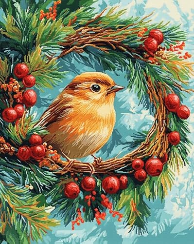 AxiangziK DIY Cross Stitch Embroidery Kit 16x20in,The Little Bird Standing on the Wreath Pre Printed Counted Cross Stitch Patterns,11CT Handmade Cushion Needlework Kit for Home Decoration & Gift