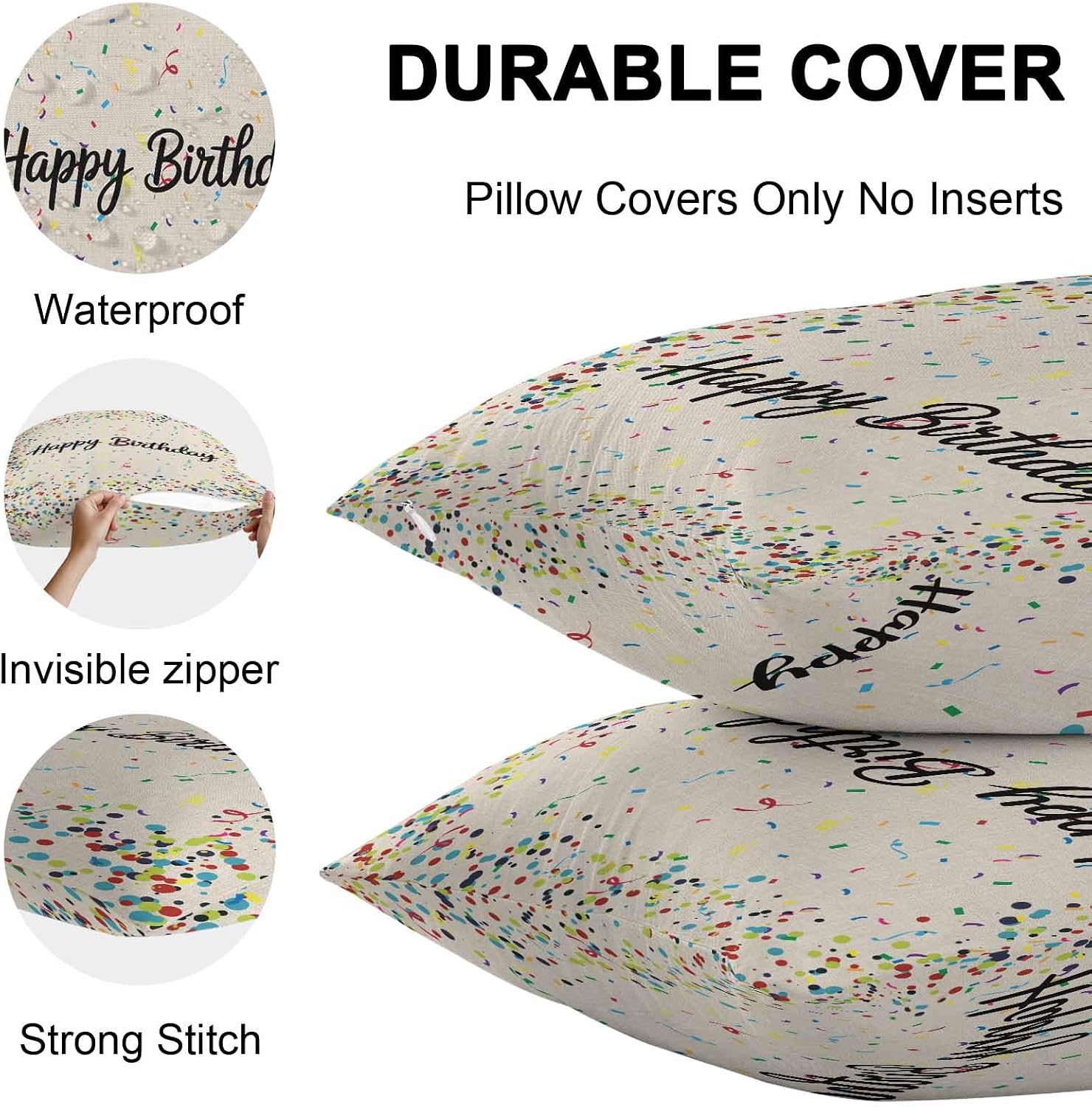 Vandarllin Outdoor Throw Pillows Covers 20x20 inch Set of 2 Waterproof Happy Birthday Decorative Zippered Cushion Covers for Patio Furniture, Polka Dot Ribbon Celebration Linen Lumbar Pillowcases