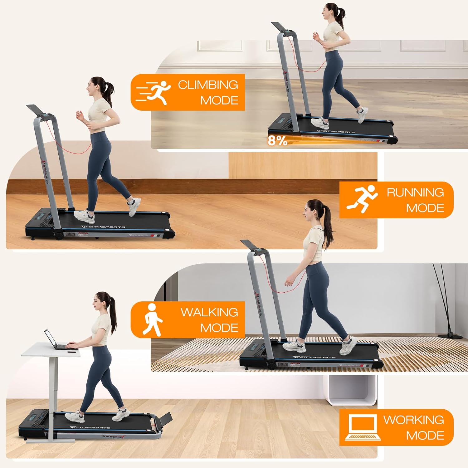 Four different modes of using the CITYSPORTS CS-WP3 treadmill: Climbing Mode (8% incline), Running Mode, Walking Mode, and Working Mode (under a desk).