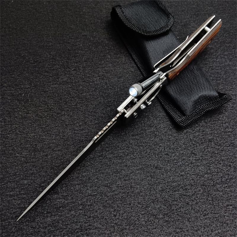Miniatura 5 de AK47 - Cuchillo plegable de bolsillo con bloqueo de botón, hoja de acero inoxidable, mango de madera y clip de bolsillo, cuchillo de luz LED