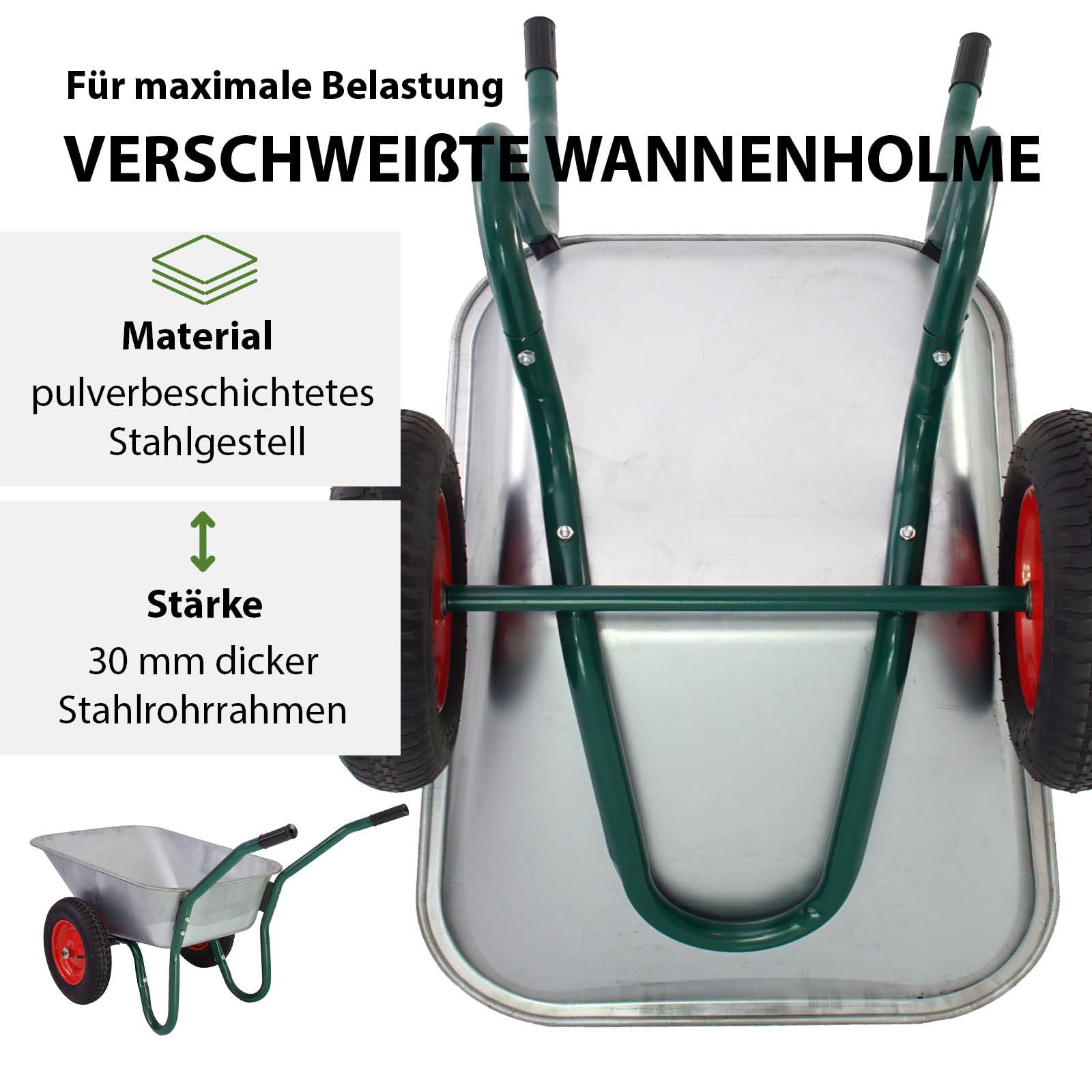TRUTZHOLM Schubkarre 100 Liter 160 kg Tragkraft verzinkte Stahlwanne leichtlaufende Lufträder auf Stahlfelge Bauschubkarre Gartenschubkarre Schiebkarre 2 Rad Karre Wheelbarrow Silber