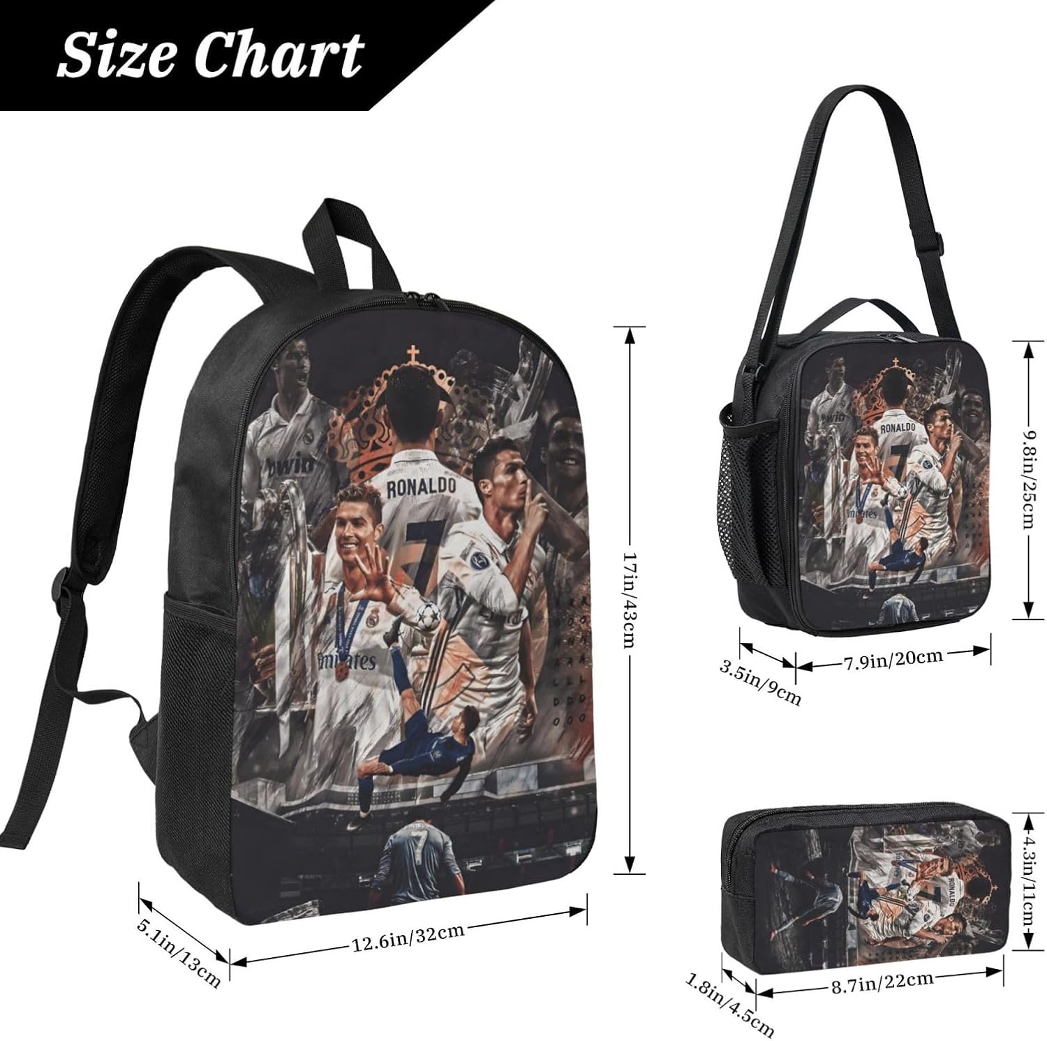 Cristiano Ronaldo Backpack With Lunch Bag Box And Pencil Case #7 Soccer Lovers Backpacks Football Fans Back Pack Laptop Bag Outdoor Sports Rucksack For Travel Work Hiking