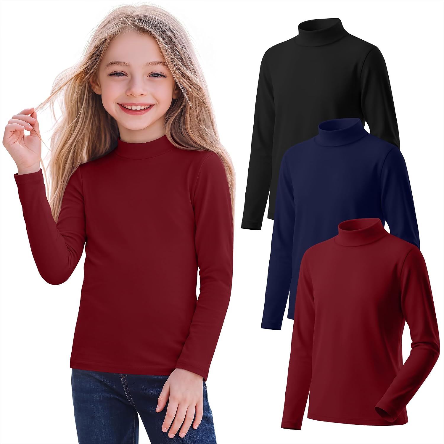 3 Pack Girls' Mock Turtleneck Long Sleeve T-Shirt Kids Warm Soft Tops Slim Fit Basic Layer Fall Winter Tees