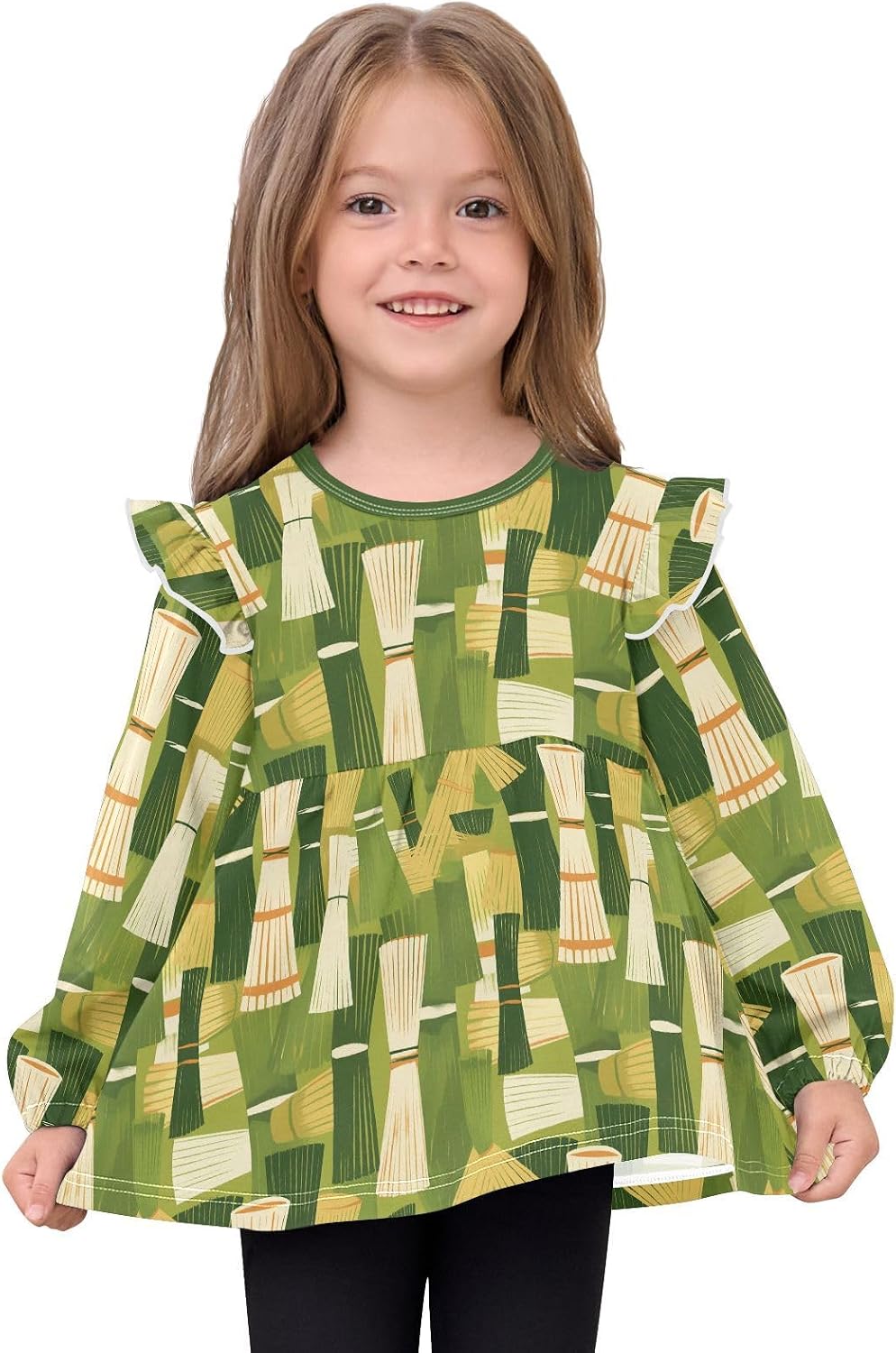 visesunny Toddler Clothes for Girls Tea Brush Pattern Long Sleeve Fall Shirts Cotton Top with Ruffle Collar