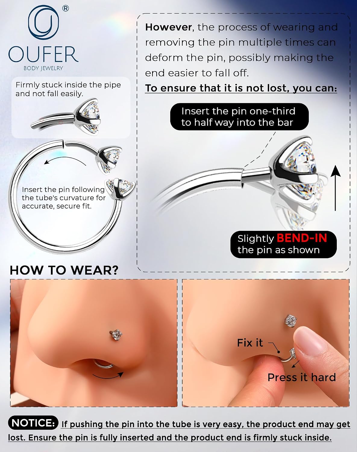 OUFER 20G Star Push Pin Horseshoe Nose Rings 316L Surgical Stainless Steel CZ Threadless Septum Ring 7mm 8mm Inner Diameter with Bonus Replacement Top Helix Tragus Conch Lip Piercing Jewelry for Women